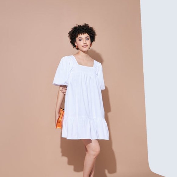 White Cotton Poplin Puff Sleeves Tiered Dress, - Picture 5 of 8